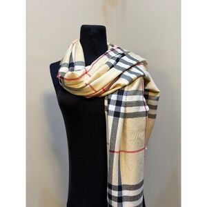 Burberry London Cashmere Silk Nova Check Scarf Beige Plaid Equestrian Knight